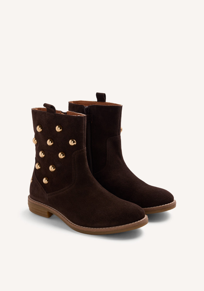 CHOCOLATE LEATHER STUDDED ANKLE BOOTS