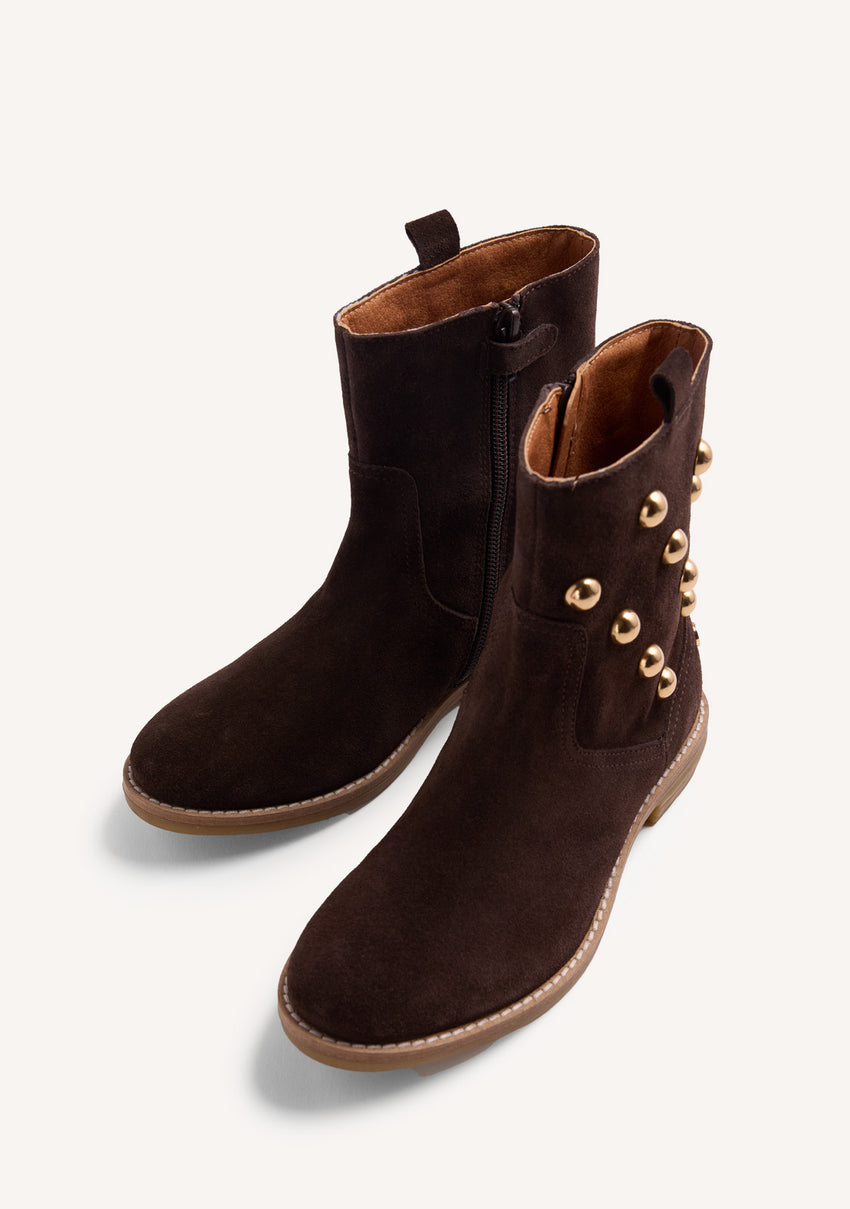 CHOCOLATE LEATHER STUDDED ANKLE BOOTS