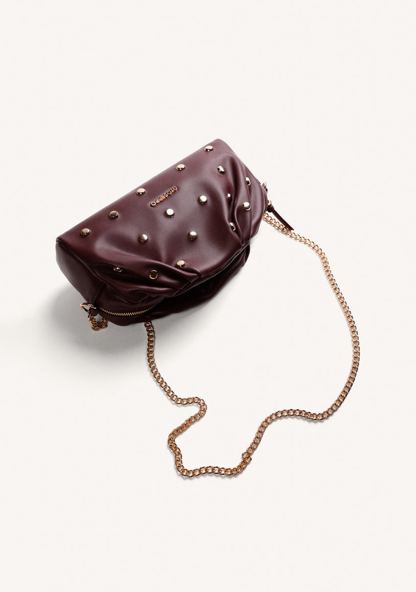BURGUNDY WRINKLED EFFECT CROSSBODY BAG WITH STUDS