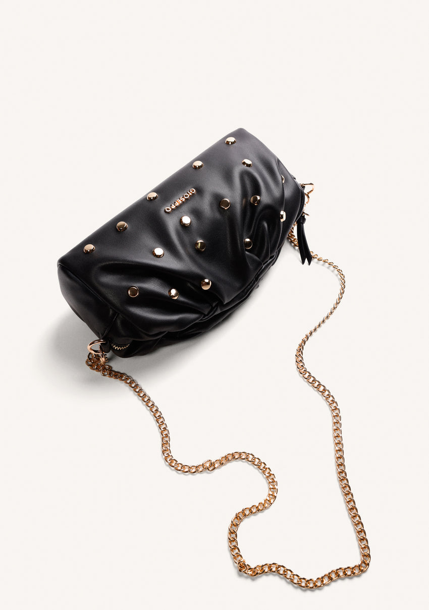 BLACK WRINKLED EFFECT STUDDED CROSSBODY BAG