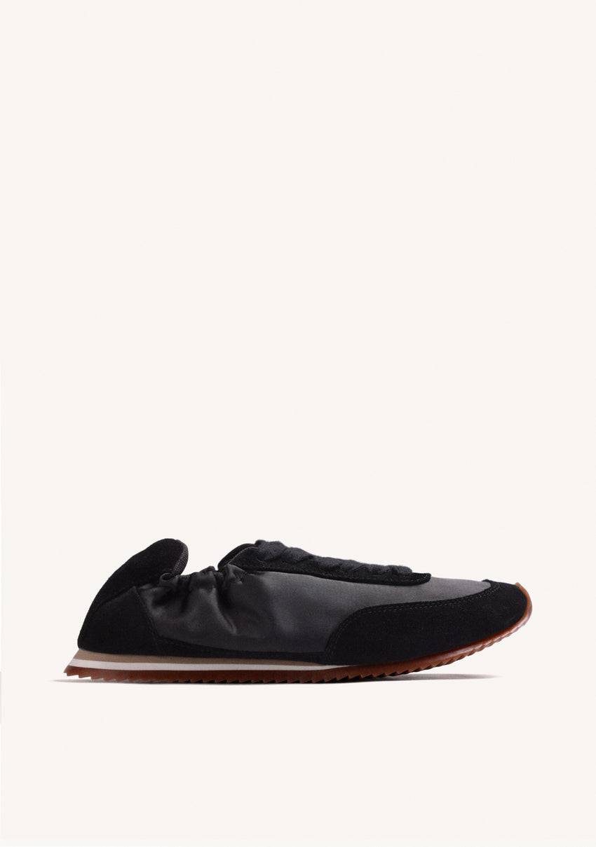BLACK LEATHER AND SATIN SNEAKERS