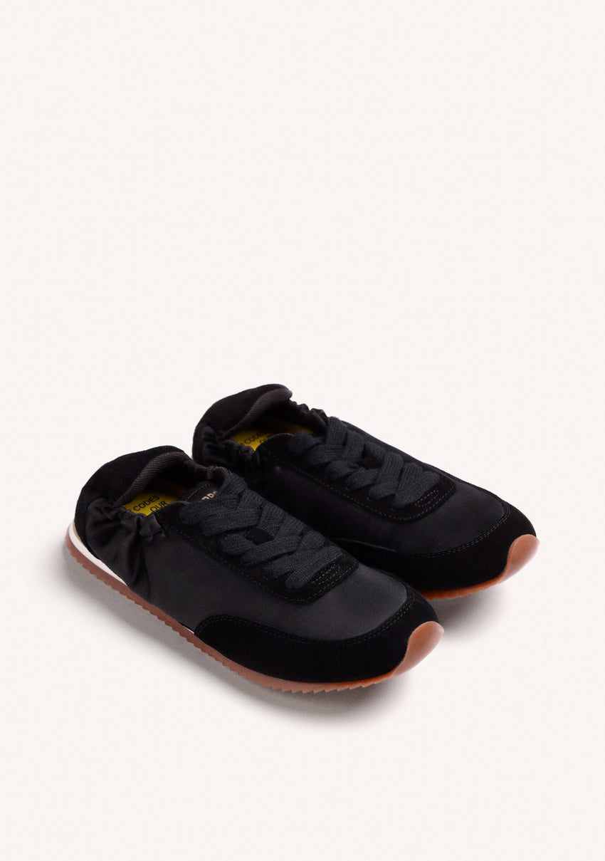 BLACK LEATHER AND SATIN SNEAKERS