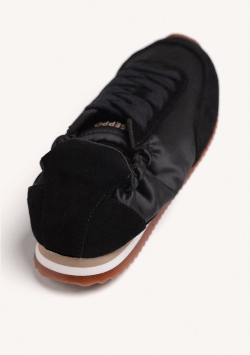 BLACK LEATHER AND SATIN SNEAKERS