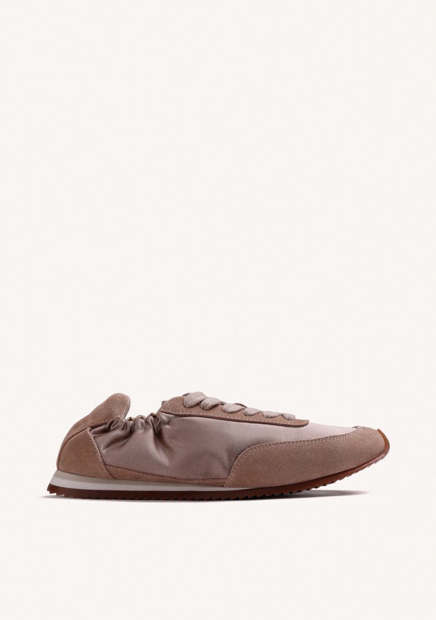TAUPE LEATHER AND SATIN SNEAKERS
