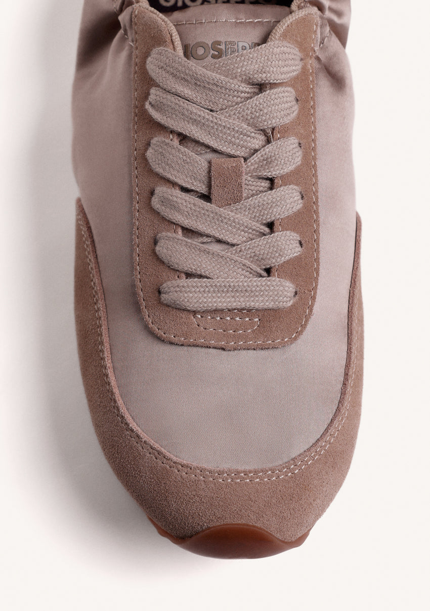 TAUPE LEATHER AND SATIN SNEAKERS