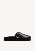BLACK LEATHER CLOGS WITH BUCKLE