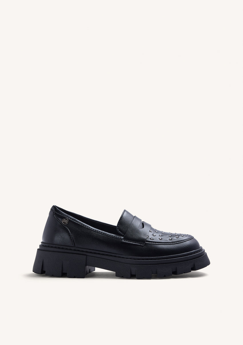 BLACK STUDDED LOAFERS WITH TRACK SOLE