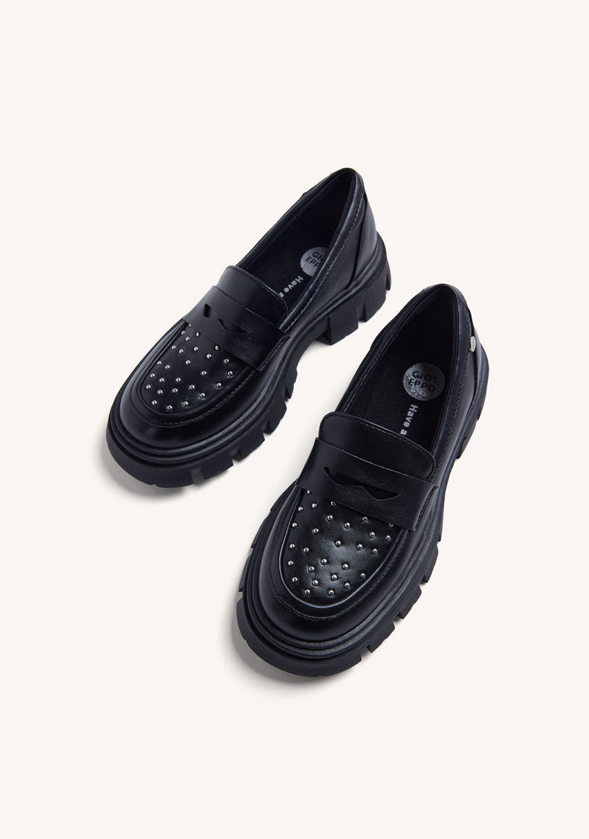 BLACK STUDDED LOAFERS WITH TRACK SOLE
