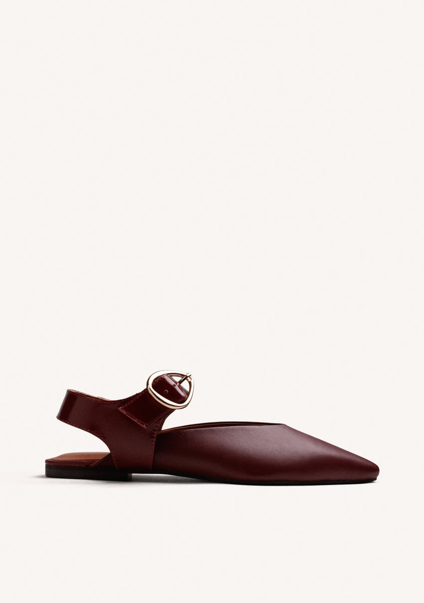 BURGUNDY LEATHER BACKLESS BALLET FLATS