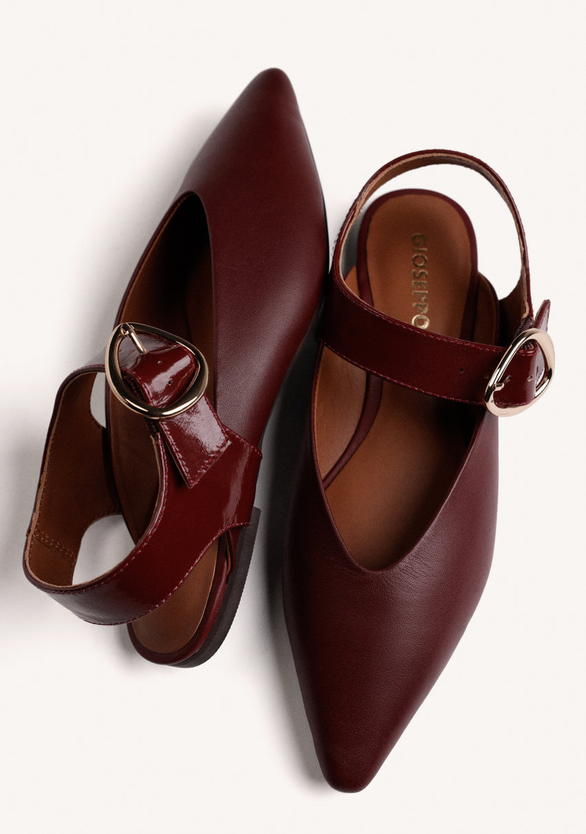 BURGUNDY LEATHER BACKLESS BALLET FLATS