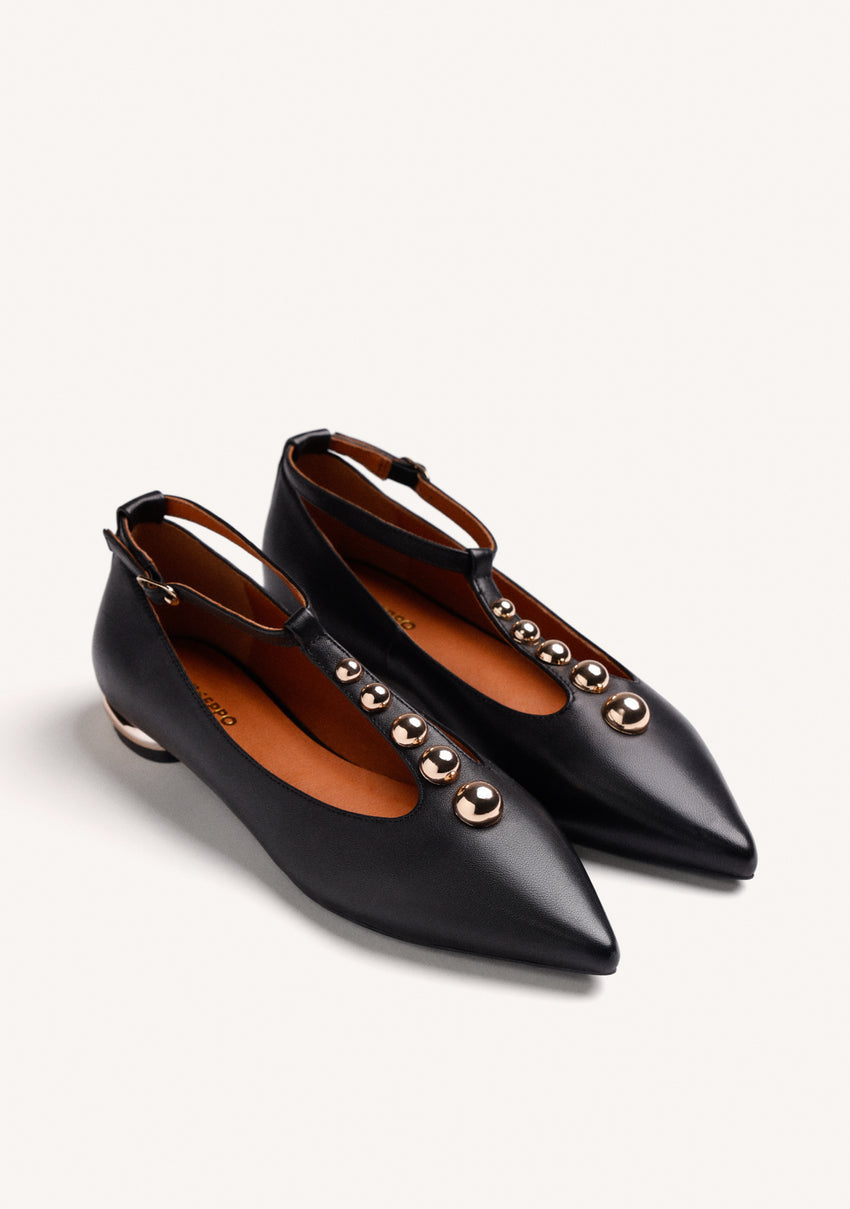 BLACK LEATHER BALLET FLATS STUDS