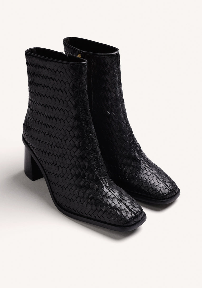 BLACK WOVEN LEATHER ANKLE BOOTS