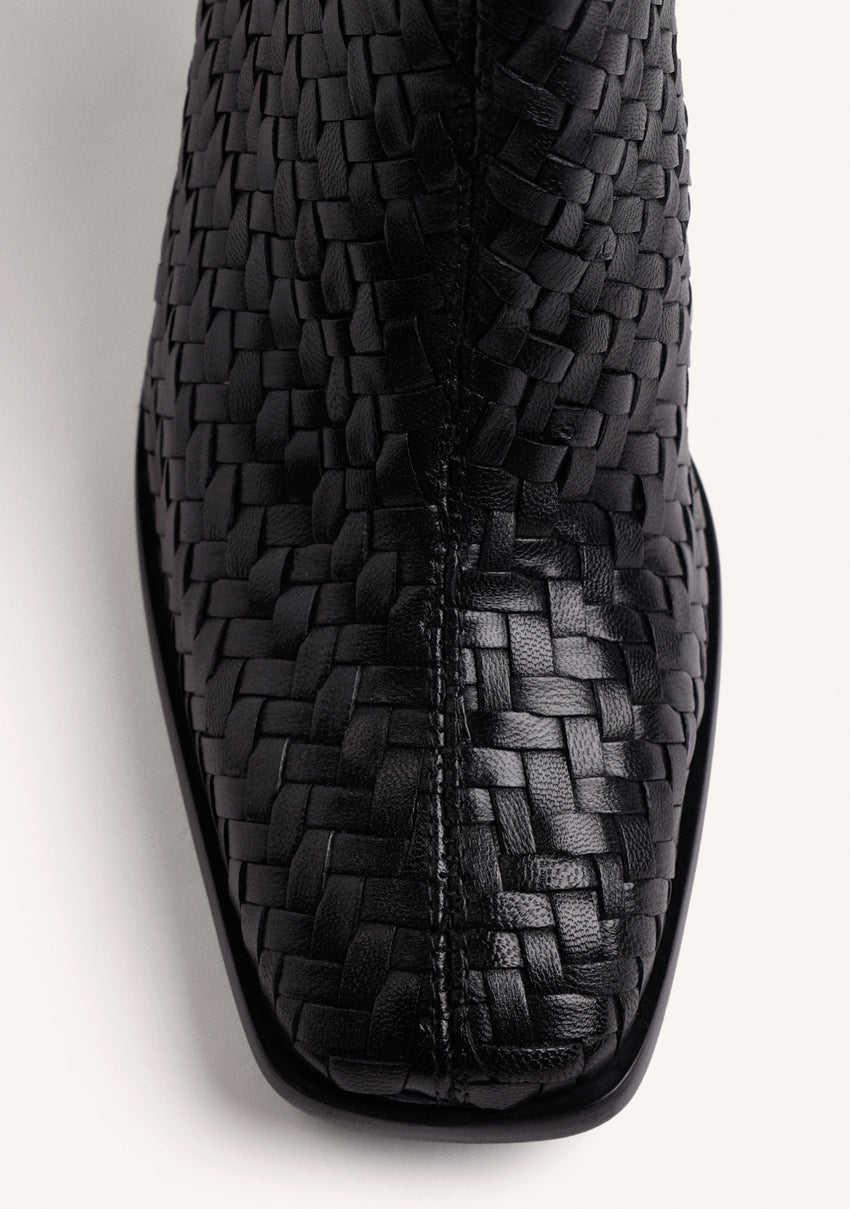 BLACK WOVEN LEATHER ANKLE BOOTS