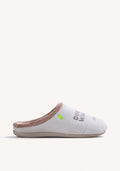 BEIGE FUR HOUSE SLIPPERS WITH TEXT