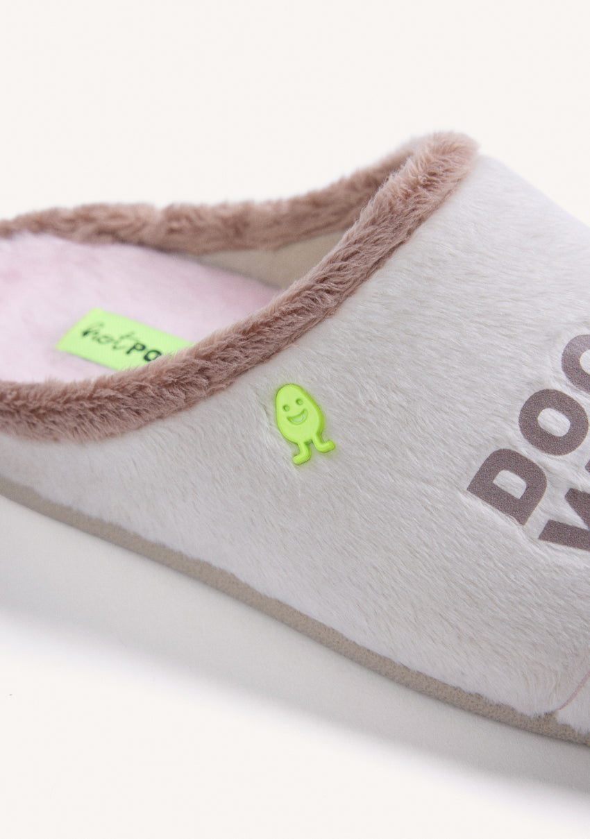 BEIGE FUR HOUSE SLIPPERS WITH TEXT