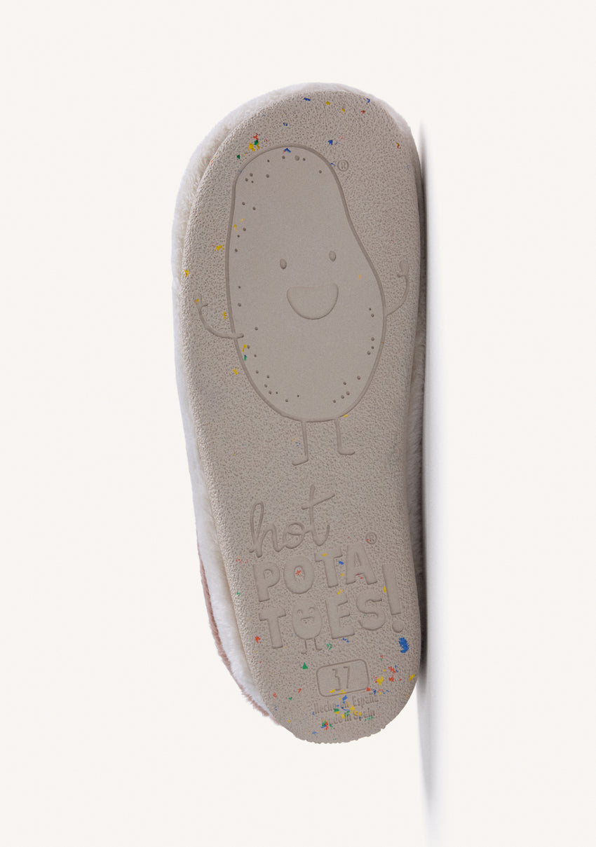 BEIGE FUR HOUSE SLIPPERS WITH TEXT