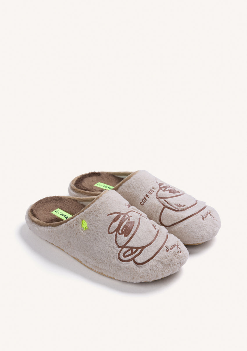 BEIGE FURRY HOUSE SLIPPERS WITH DESIGN AND TEXT