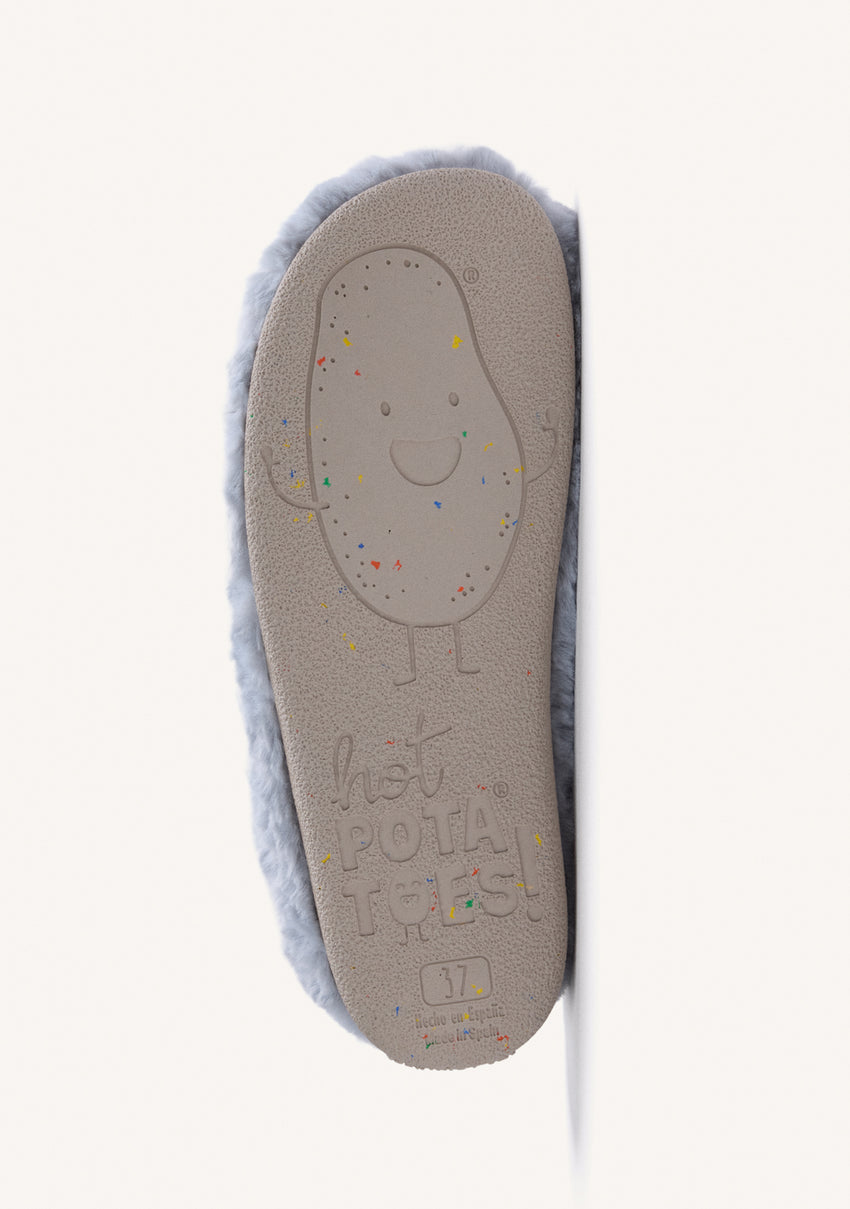 BLUE FUZZY HOUSE SLIPPERS WITH DESIGN AND TEXT