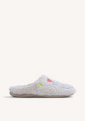 BEIGE FUR HOUSE SLIPPERS WITH DESIGN AND TEXT