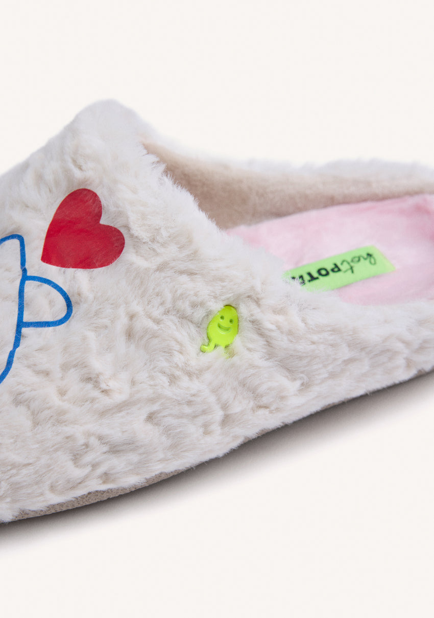 BEIGE FUR HOUSE SLIPPERS WITH DESIGN AND TEXT