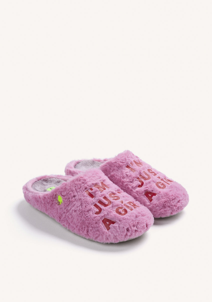 PINK FUZZY HOUSE SLIPPERS WITH TEXT