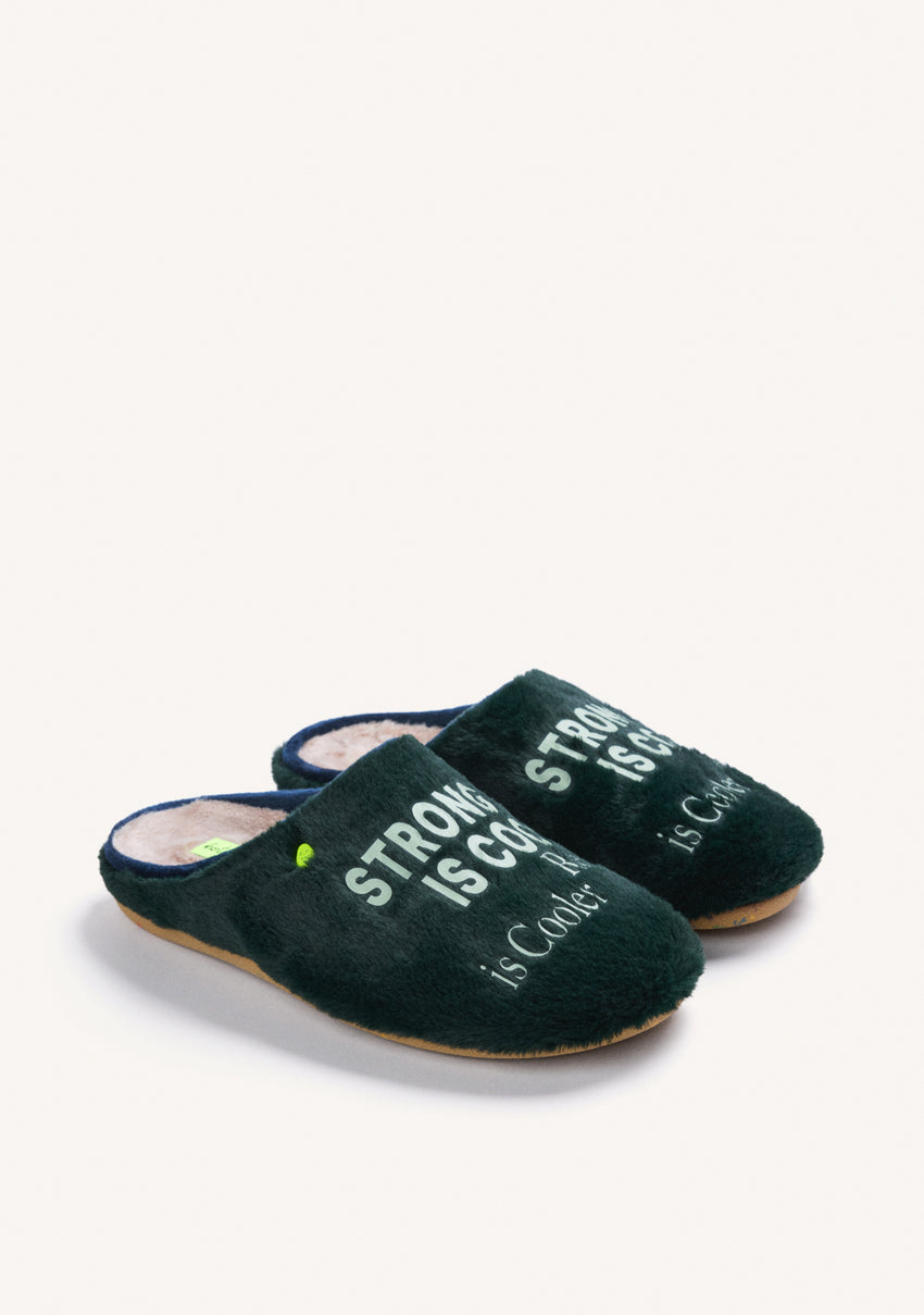 GREEN FUZZY HOUSE SLIPPERS WITH TEXT