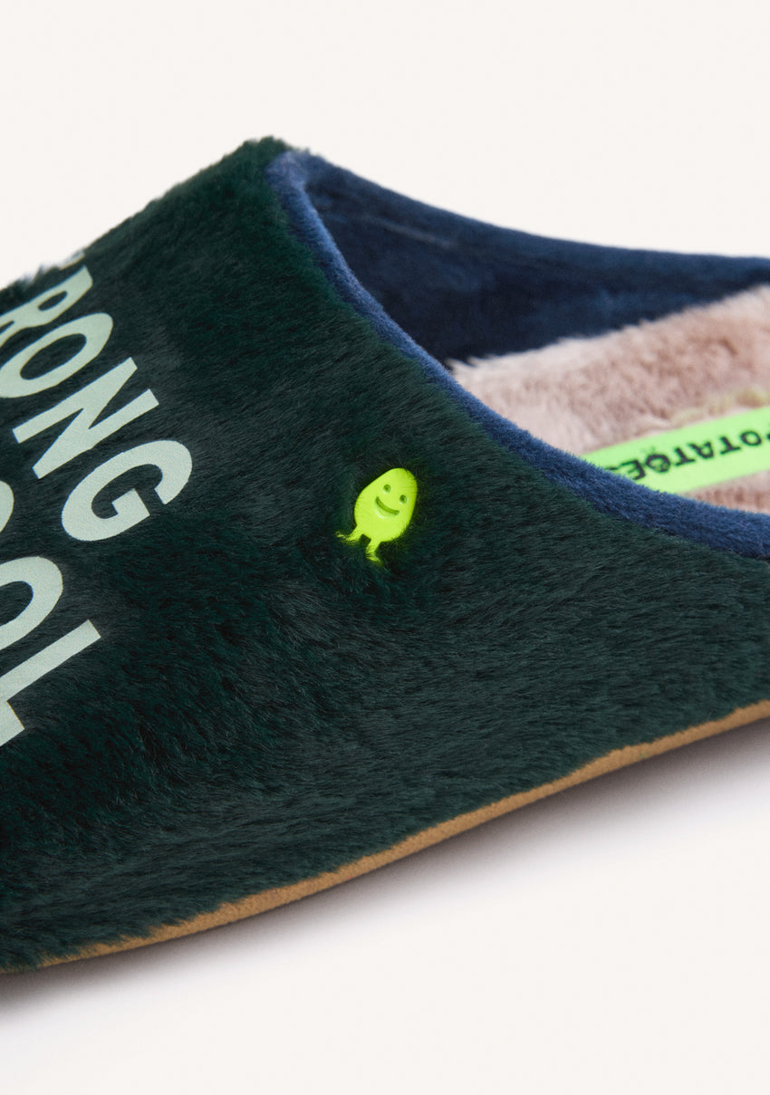 GREEN FUZZY HOUSE SLIPPERS WITH TEXT