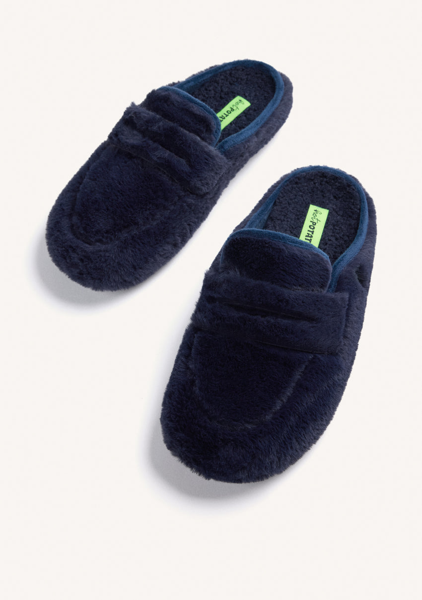 NAVY BLUE HOUSE SLIPPERS MOCCASIN STYLE WITH FUR