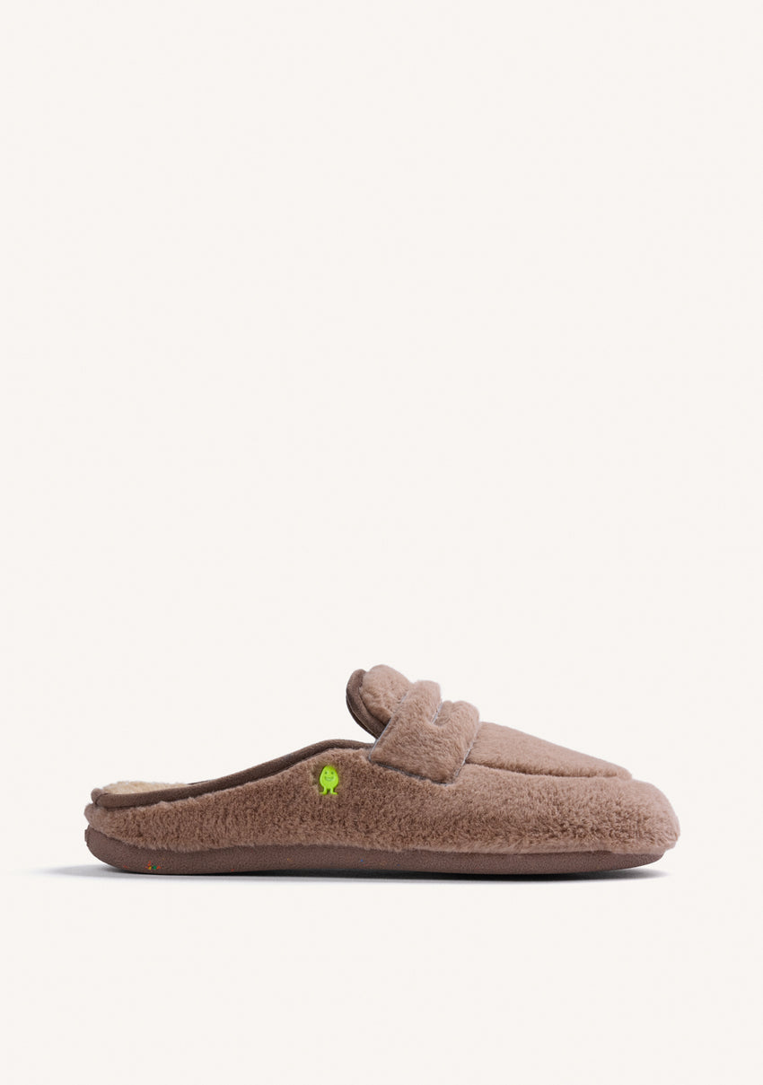 TAUPE HOUSE SLIPPERS MOCASSIN STYLE FUR