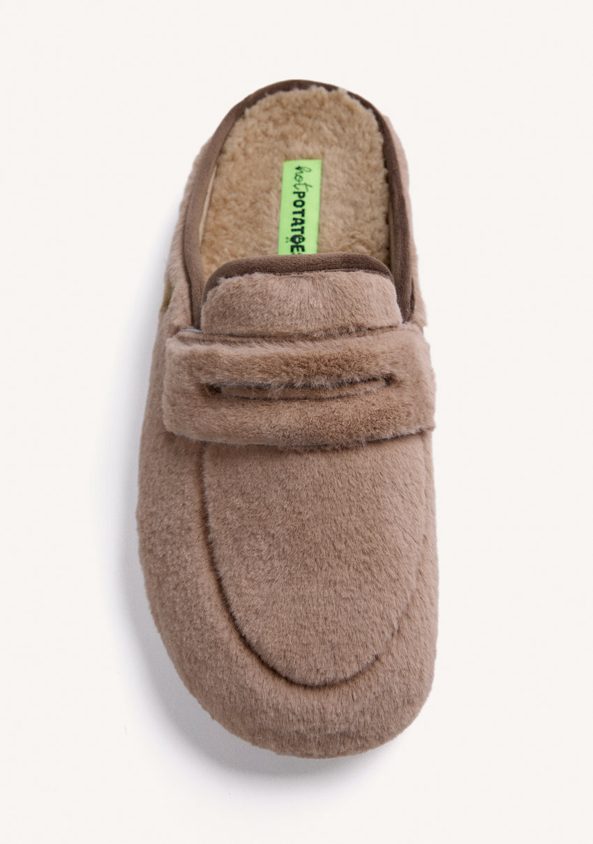 TAUPE HOUSE SLIPPERS MOCASSIN STYLE FUR