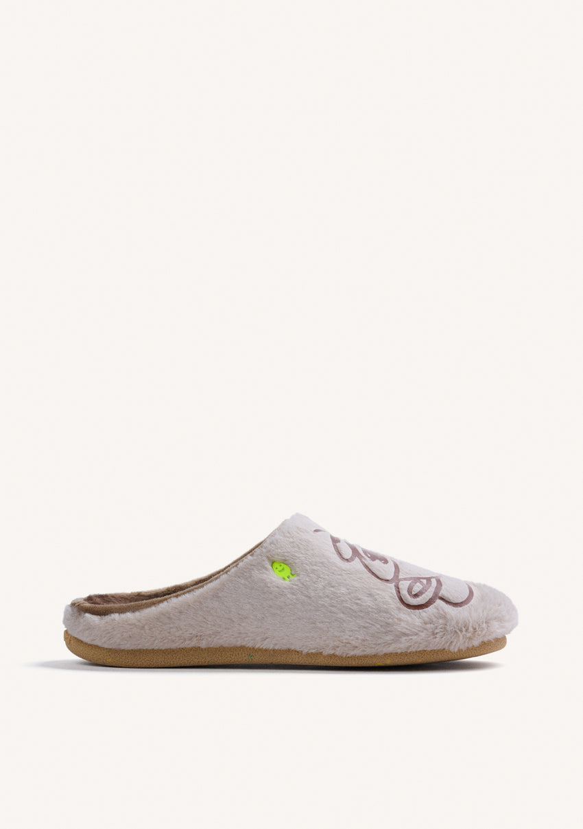 BEIGE FUZZY HOUSE SLIPPERS WITH DESIGN AND TEXT