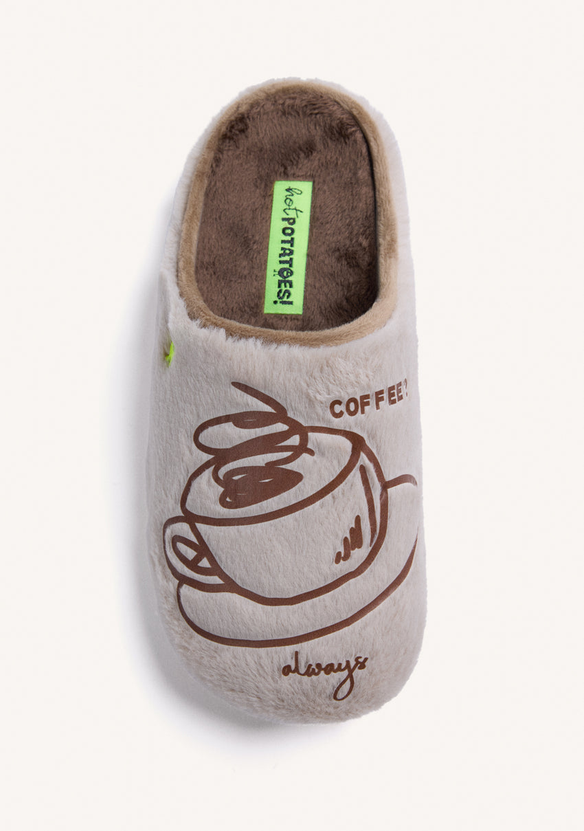BEIGE FUZZY HOUSE SLIPPERS WITH DESIGN AND TEXT