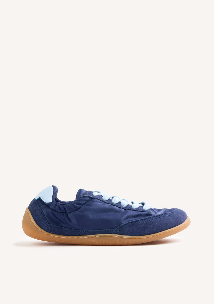 NAVY BLUE SATIN AND LEATHER BAREFOOT SNEAKERS