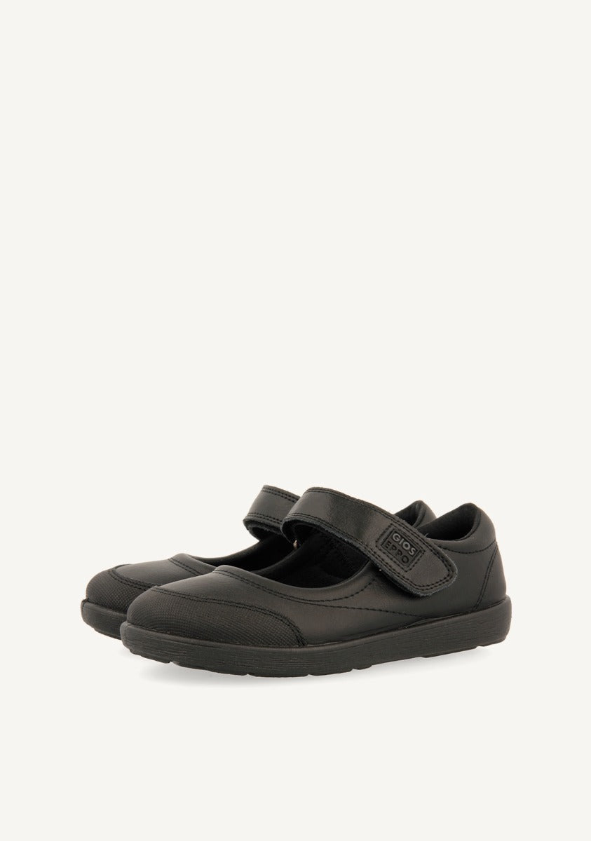 BLACK LEATHER BALLERINA-STYLE SCHOOL SHOES WITH ADJUSTABLE FASTENING LAMBDA